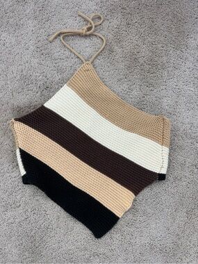 Le Lis Striped Crochet Halter Crop Top in Black, Brown, Cream, Tan